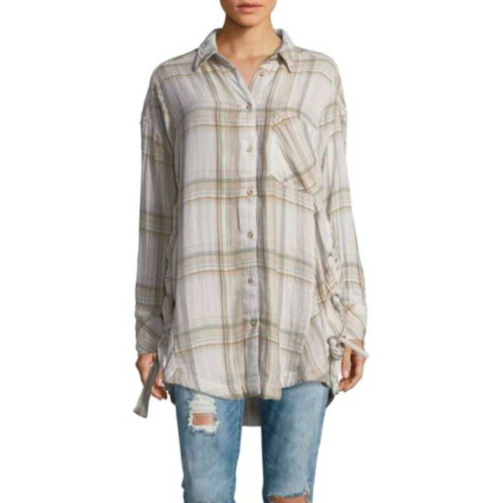 Free People Plaid Oversized Button Down Top XS Boho Western Tunic Shirt